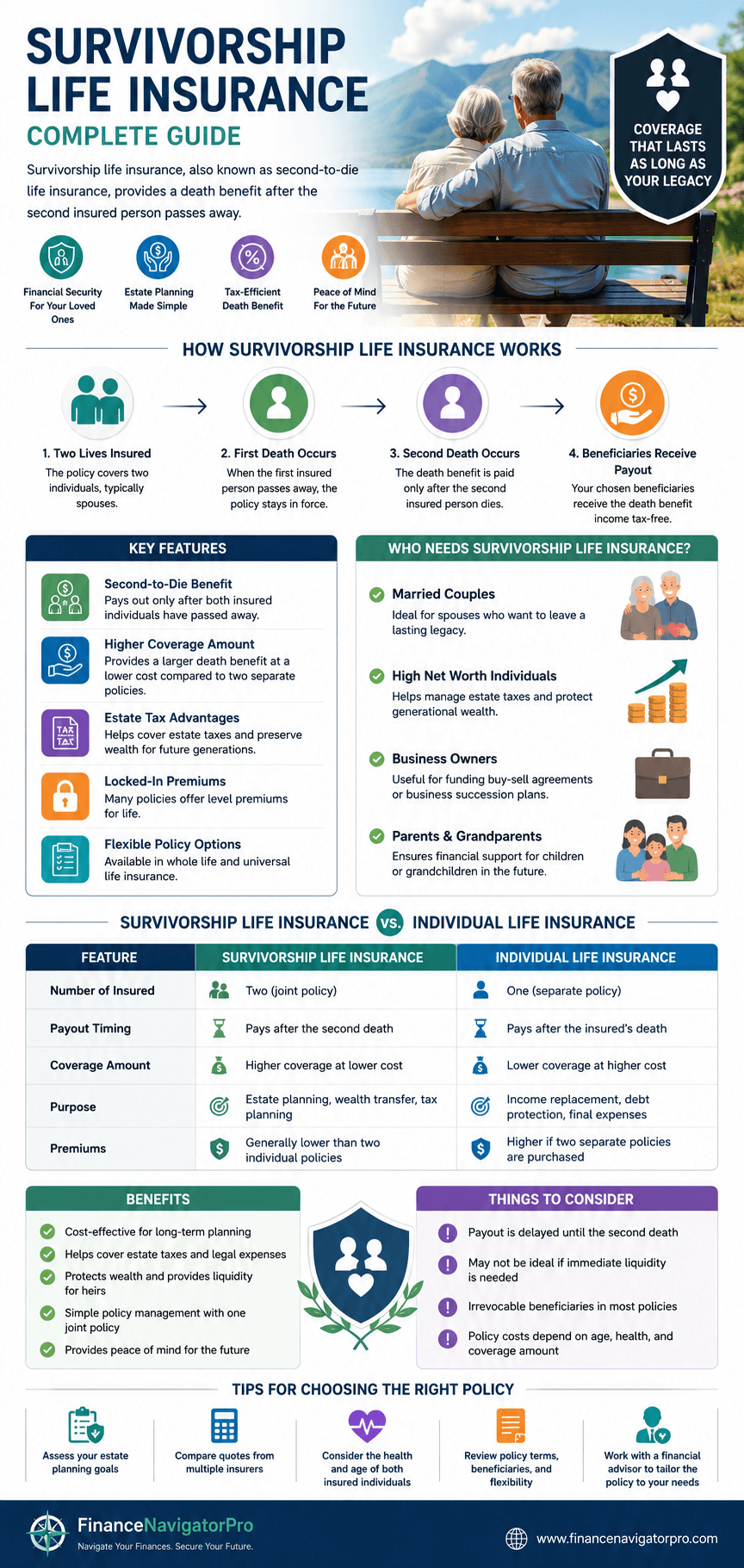 Infographic showing how survivorship life insurance works: two insureds, first death with no payout, continued premiums, second death, and the income-tax-free death benefit paid to beneficiaries